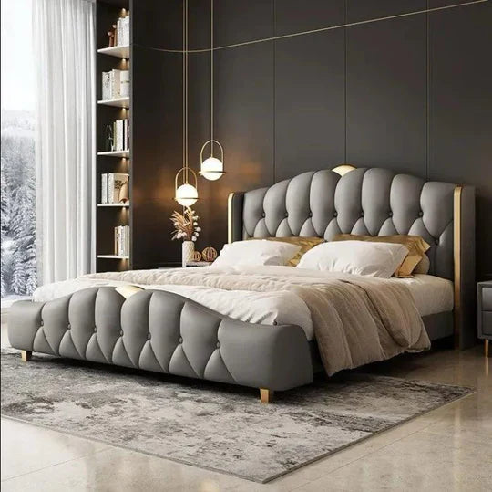 Royal Upholstered Leatherette Bed with Headboard, Solid Wood Frame Storage Option – Luxurious Contemporary Design