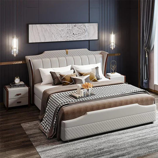 Leatherette King Size Bed with Cushioned Headboard, Solid Wood Frame ; Built-in Storage