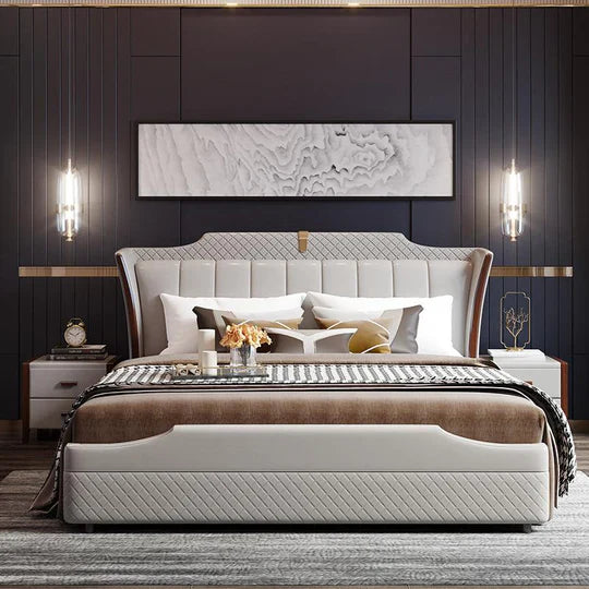 Leatherette King Size Bed with Cushioned Headboard, Solid Wood Frame ; Built-in Storage