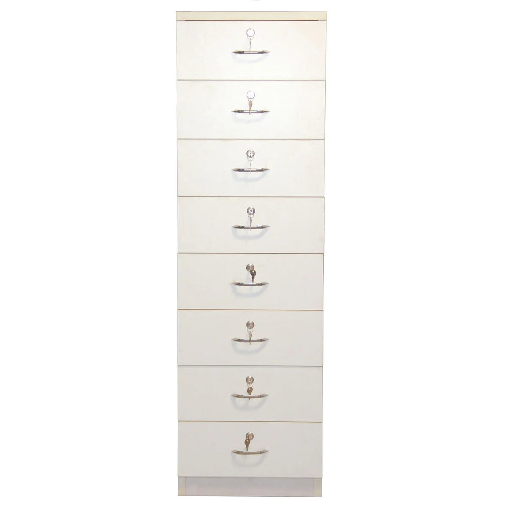 White Wooden 8 Shelf Drawer Unit with Lock