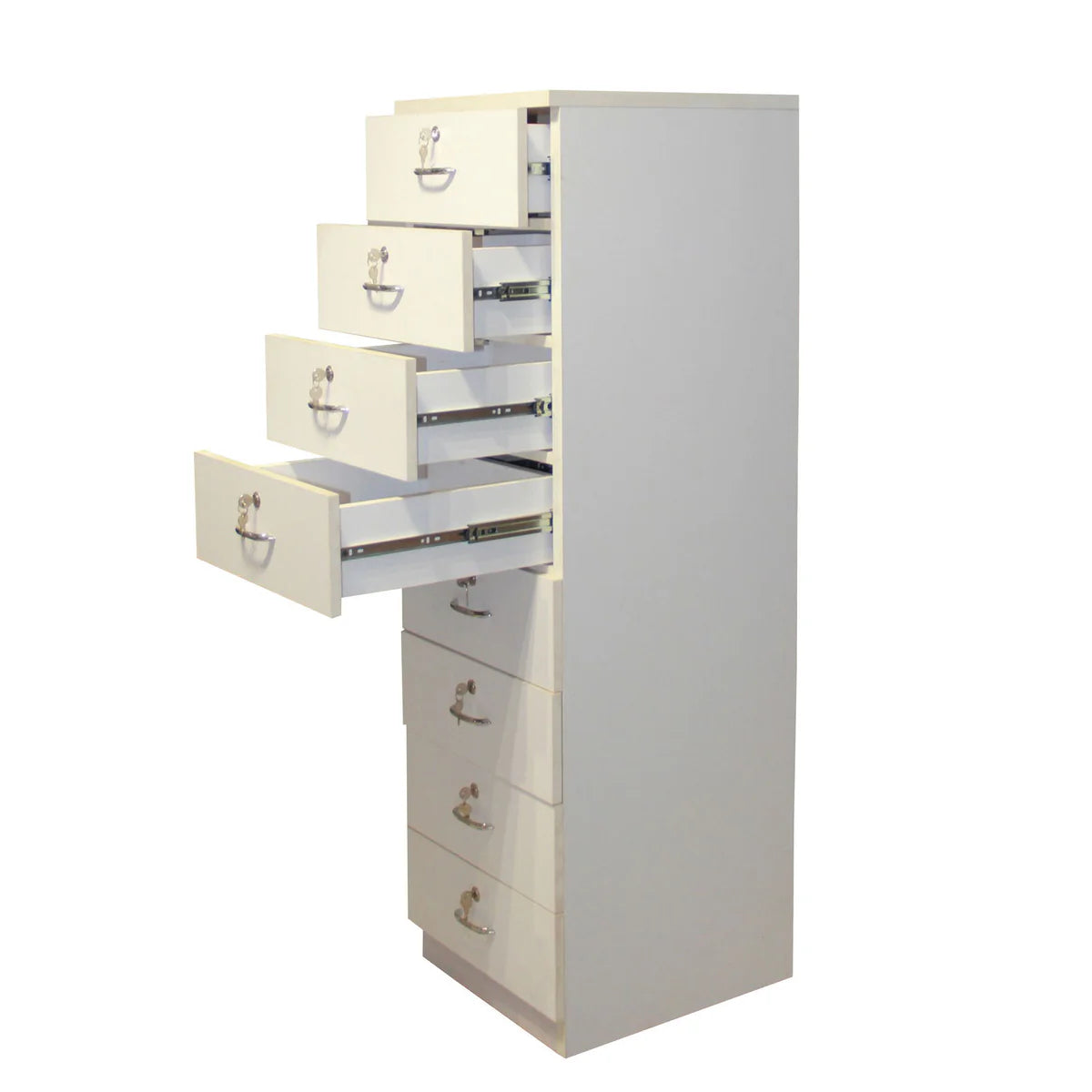 White Wooden 8 Shelf Drawer Unit with Lock