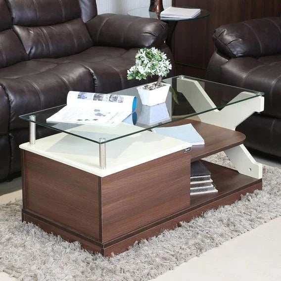 Centre Table with Premium Glass, Sturdy Wooden Base, Sleek Surface, and for Modern Living Rooms