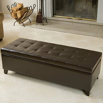 Wooden Frame Leatherette Ottoman with Storage