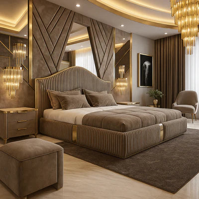 King Size Bed high-headboard with gold  modern interiors and villas, with optional storage