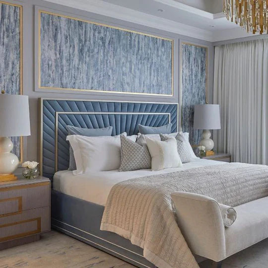 Elegant Luxury  King Size Bed with Plush Foam, Stainless‑Steel Headboard, Solid‑Wood Frame, Metal Feet