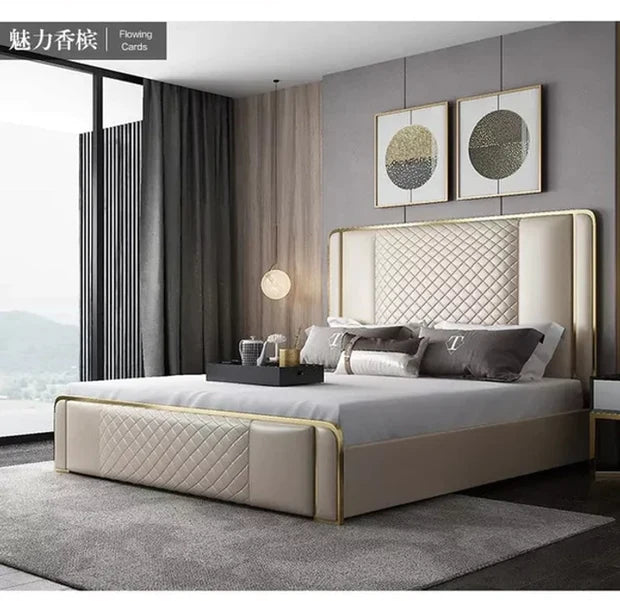 Luxury King Size Bed for Home Furniture Leather with Storage and Hydraulic, plywood frame