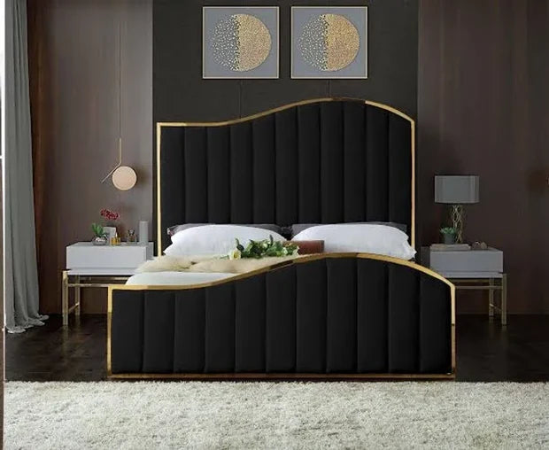 Modern Velvet King Size Bed – Plush Padded Headboard & Plywood Frame, without Storage