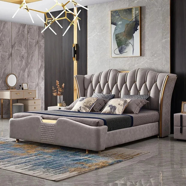 Luxury Wingback in King Size Bed – Solid Wood &amp; Plywood Frame, Gilded Stainless Steel Accents