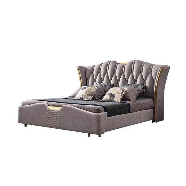 Luxury Wingback in King Size Bed – Solid Wood &amp; Plywood Frame, Gilded Stainless Steel Accents
