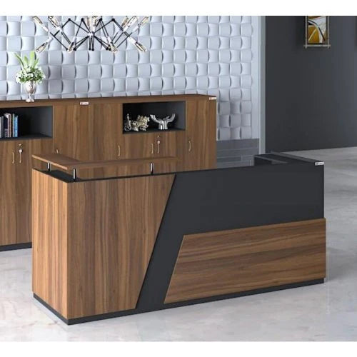 Reception Table Made in Pre Laminated Particle Board 1 Drawer and 1 shutter with Teak wooden finish - Brown Color