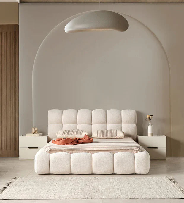 King-Size Bed – Plush Bouclé Upholstery, Hydraulic Under-Bed Storage, Solid Build, Stylish Design